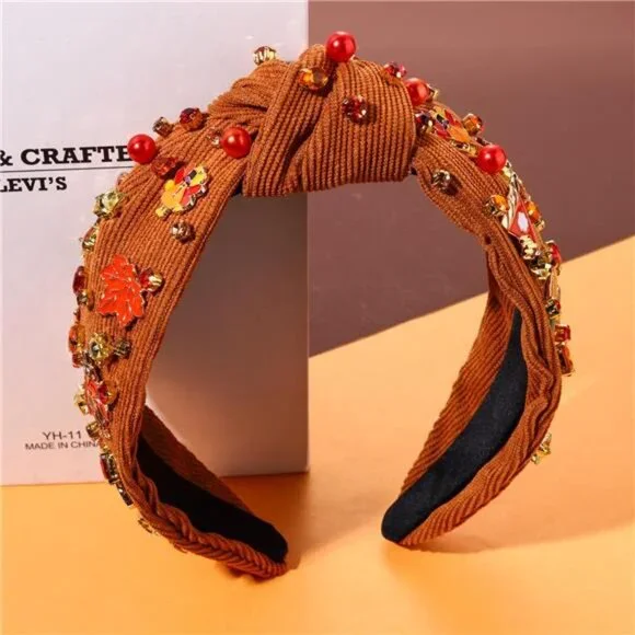 Sparkle & Shine Thanksgiving Headband - Beaded Turkey & Leaf Knotted Hair Access - Picture 4 of 7